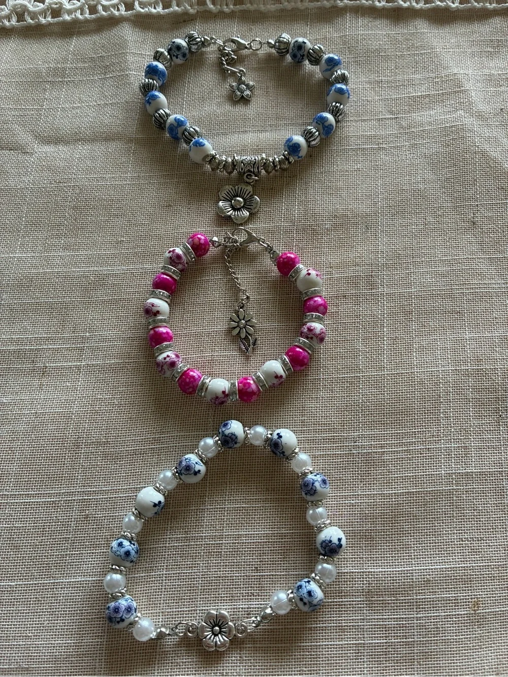 Handcrafted Women’s porcelain Beaded Bracelet Trio – Blue, Pink, Blue